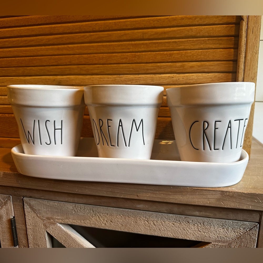 Rae Dunn White "Wish Dream Create" Ceramic Pots with Tray